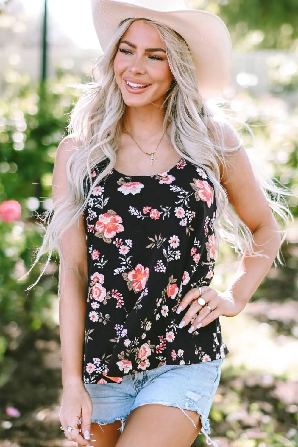 Black Floral Spaghetti Straps Strappy Back Tank Top - Love Salve